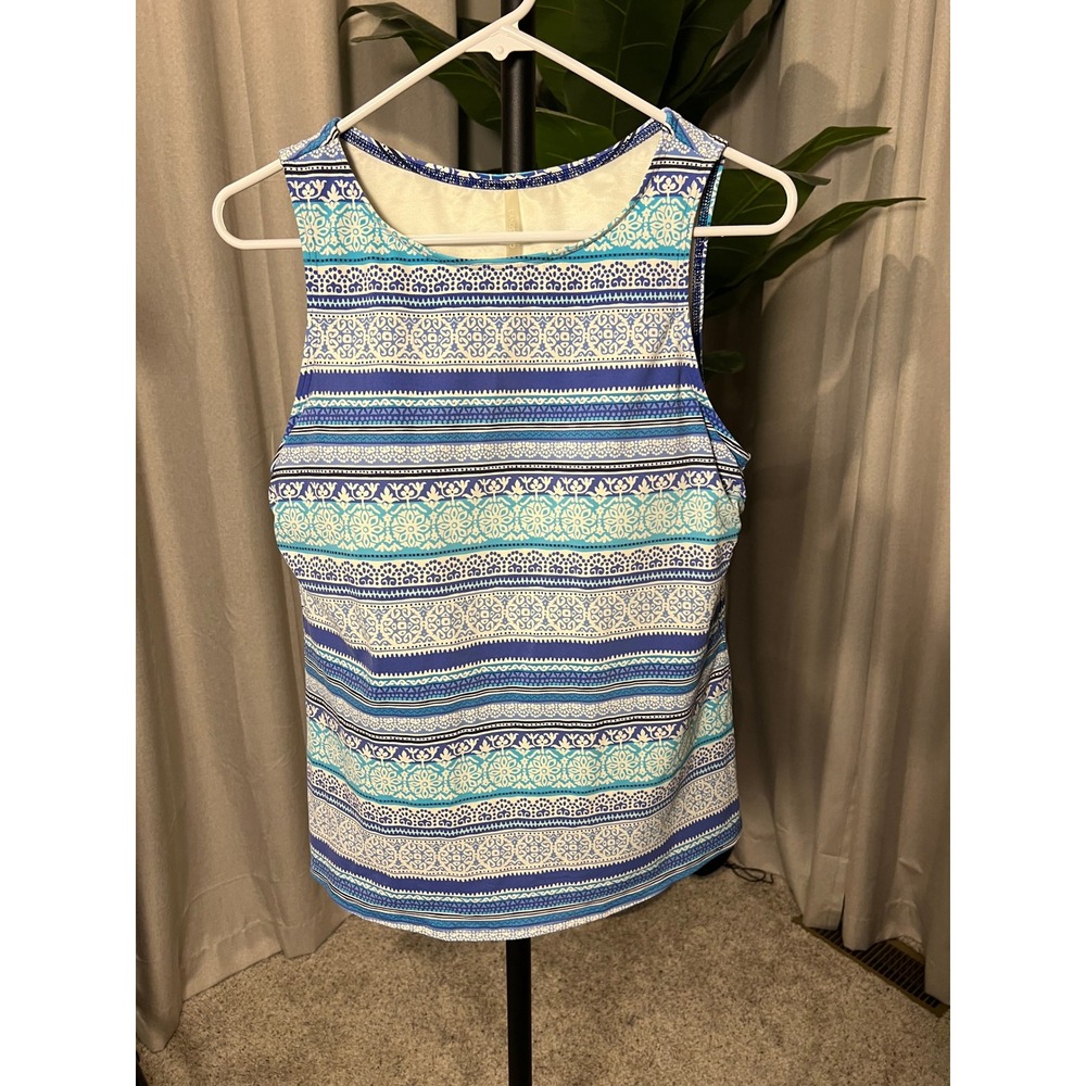Lands End Womens Blue Geometric Stripe Tankini Swim Top Built-in Bra Size 12